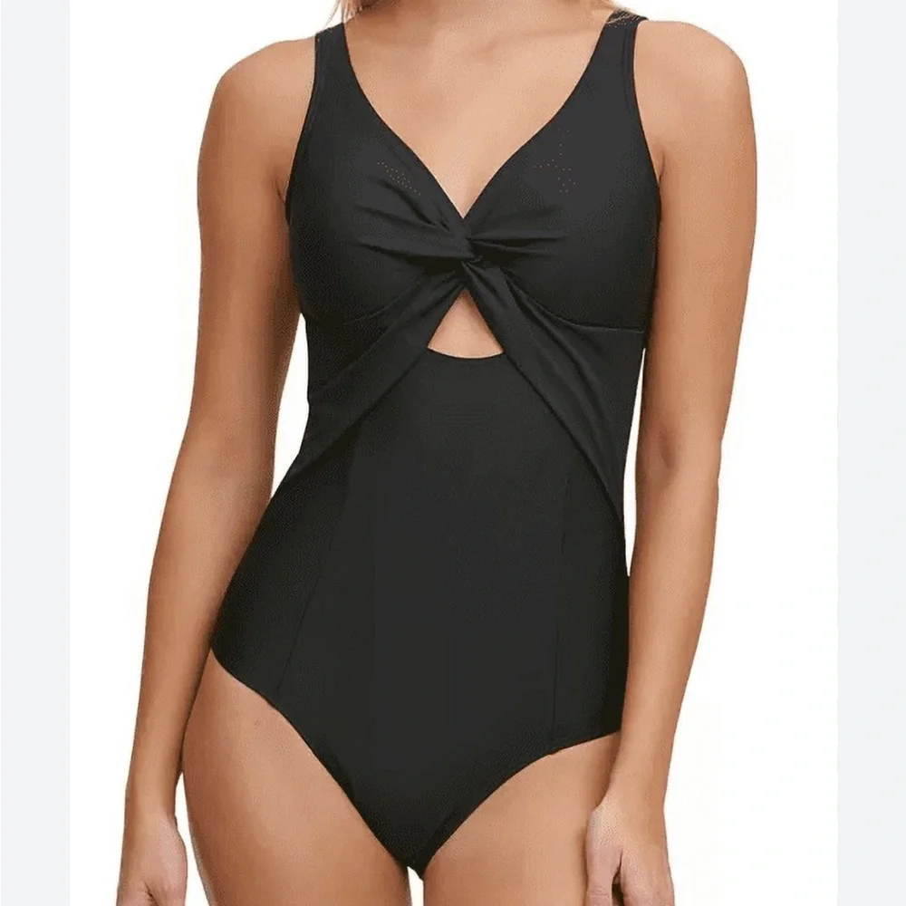 NWT DKNY Black Deep V-Neck Shirred Keyhole Detail One-Piece Swimsuit. - Picture 7 of 12